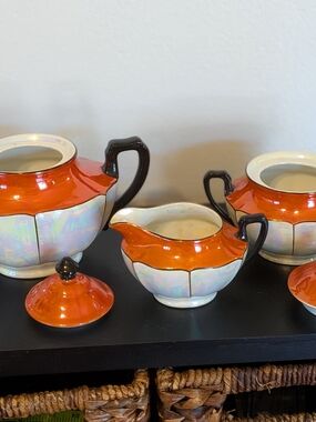 Orange and Iridescent Vintage Tea Set - Creamer, Sugar, Teapot. Czechoslovakia